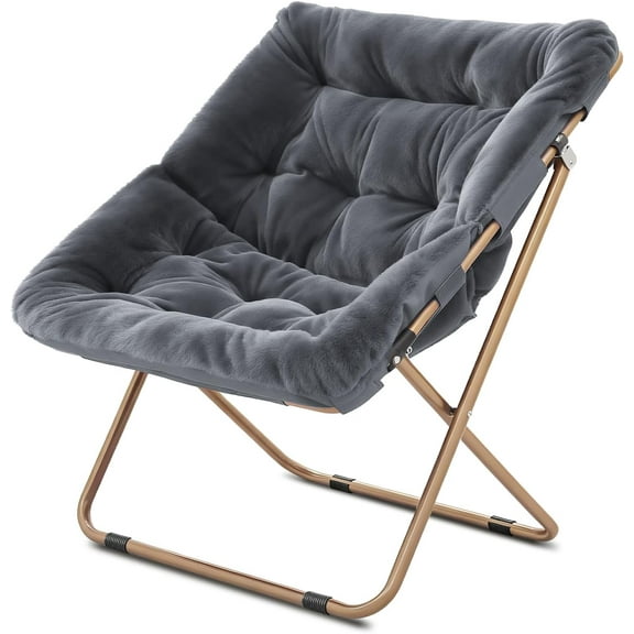 Folding Saucer Chair for Adults Comfy Lounge Reading Seat Accent Chair Faux Fur Lazy Seating with Thick Padded Metal Frame for Bedroom Living Room Small Space (Pink)