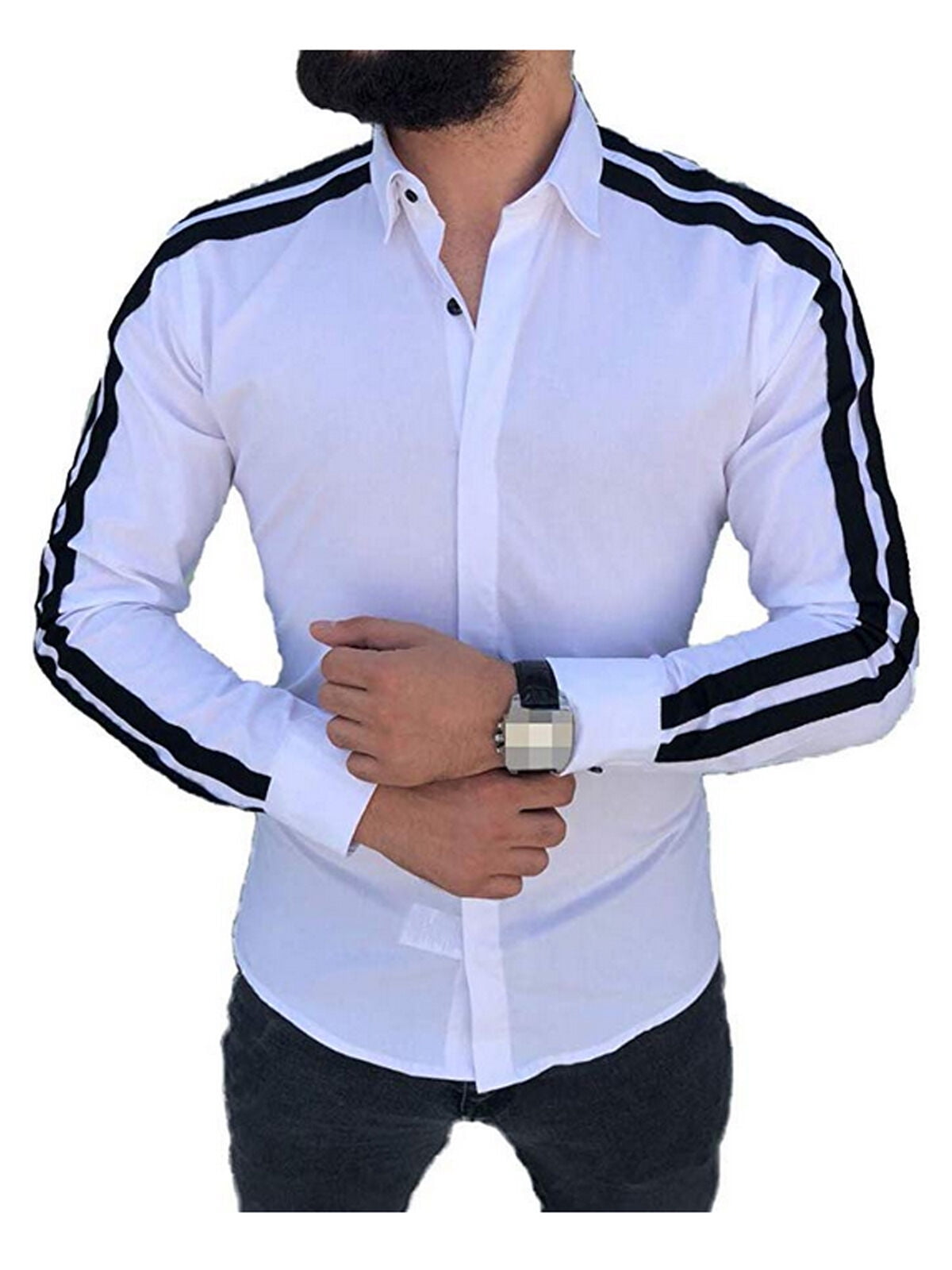 Men Luxury Slim Fit Stylish Casual Shirts Long Sleeve Formal Dress Shirt Tops US 