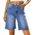 thumbnail image 2 of Lodgix Bermuda Jean Shorts for Women High Waisted Trendy Stretchy Denim Shorts Knee Length Cutoff Loose Fit Long Shorts Blue-XL, 2 of 6