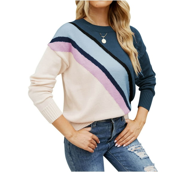 Sevevn Women's Striped Color Blocked Elegant Long Knitted Shirt Round Neck Loose Sweater Jacket Round Neck Sweater