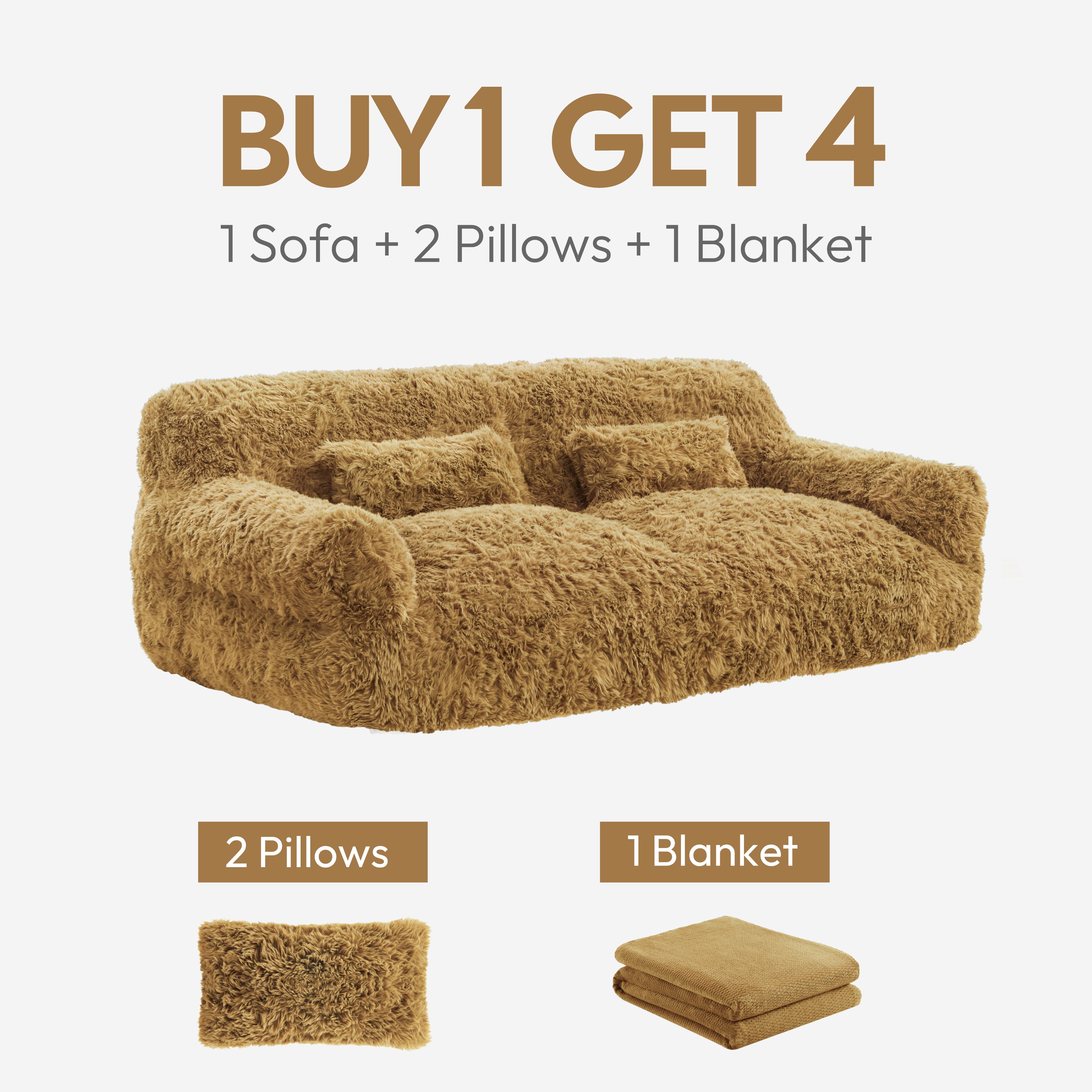 Spruce & Spring Ultra-Plush Fleece Lazy Sofa with Pillow & Blanket, Cozy Bean Bag Loveseat for Living Room & Bedroom, Gloden Glow-Sherpa
