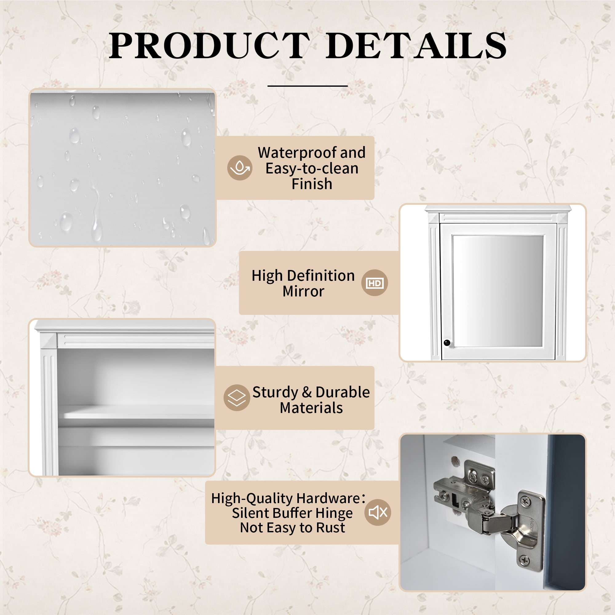 Euroco 24'' x 27'' Wall Mounted Bathroom Storage Cabinet with Mirror, Medicine Cabinet with Height Adjustable Shelf, Over the Toilet Space Saver Cabinet