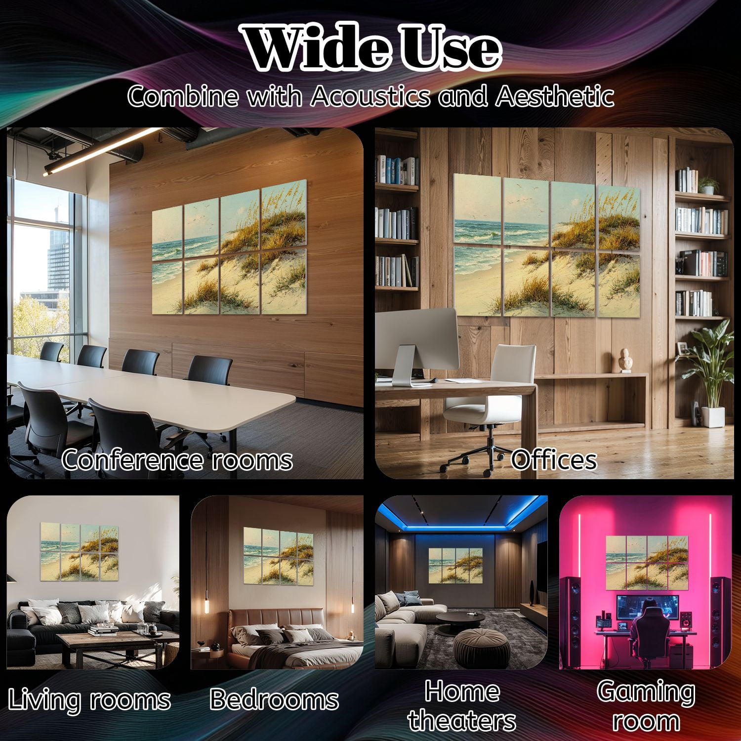 Coastal 8 Pack Art Acoustic Panels Sound Absorbing Soothing Beach Pale Dunes Gentle Ocean Breeze Decorative Soundproof Wall Panels Self Adhesive for Nursery Game Room Bedroom 48"x32"