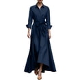 thumbnail image 2 of Mceream Robe à Manches Longues pour Femmes, Décontractée, Grande Taille, Élégante, Col à Revers, Col en V, Évasée, Longue, Style Chemise, Robes Décontractées, Coupe Trapèze, Ample, avec Ceinture, Bleu Marine, M, 2 of 6