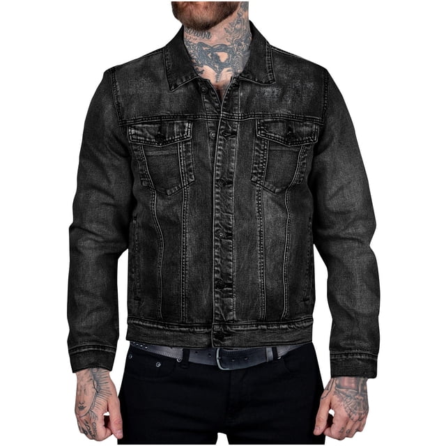 LOVZFMLL Jackets for Men's Vintage Motorcycle Solid Color Button Pocket Long Sleeved Denim Jacket