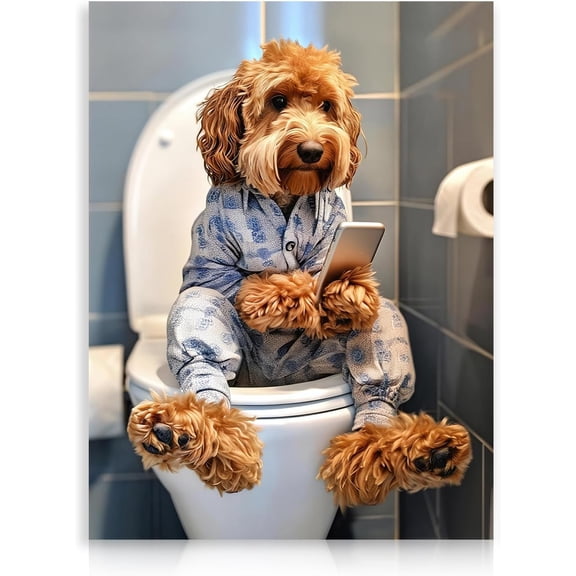 Funny Animal Bathroom Wall Art, Dog Playing with Phone on Toilet Canvas Painting for Toilet Bathroom 12x16 Inch Unframed