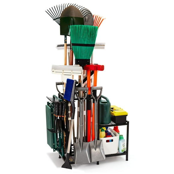 Organisateur d'Outils de Jardin pour Garage, Organisateur d'Outils de Cour avec Étagère en Métal à 2 Niveaux, Support d'Outils de Garage pour jusqu'à 50 Outils, Rangement d'Outils de Jardin, Acier Robuste, Outil de Cour