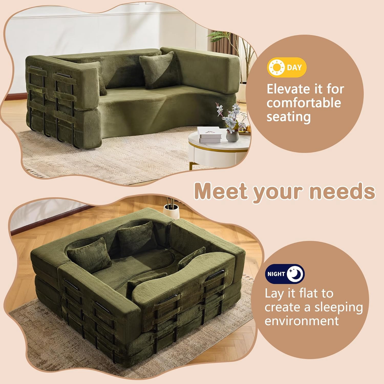 LUCKHAO Modern Foam Teddy Fabric Convertible and Oversized Sleeper Sofa Bed Loveseat with 2 Pillows, Green