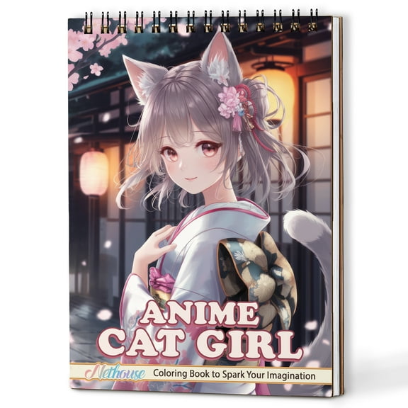 NETHOUSE Anime Catgirl Coloring Book Spiral Bound for Adults, A5 Wooden Cover, 30 Enchanting Coloring Pages of Kawaii Neko Girls for Stress Relief and Relaxation, Spiral Bound Edition
