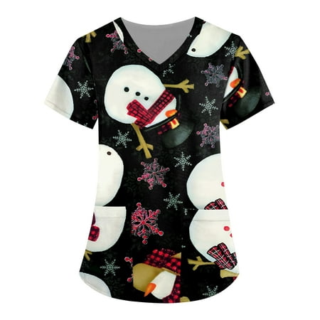 

Youmylove Christmas Women Scrubs Top Short Sleeve V-Neck Cartoon Printed Top Nursed Working T-Shirts Blouse With Pockets