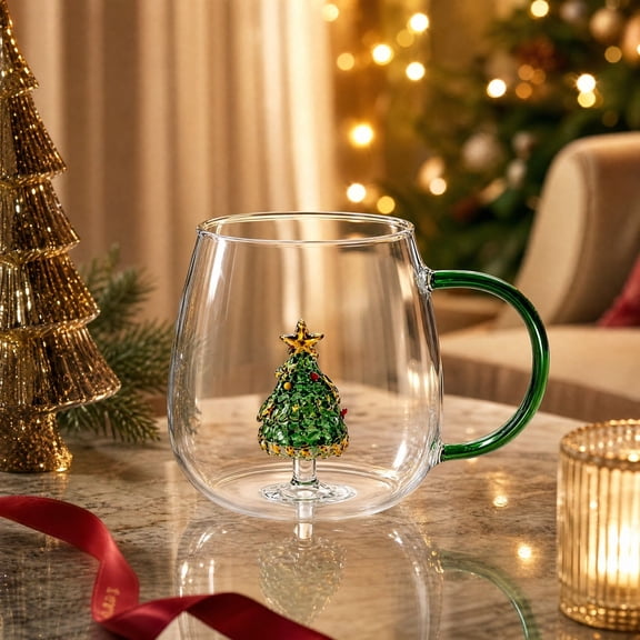 Glass Christmas Tree Mug, Transparent 3D Design Beverage Cup, Holiday Gift Cup