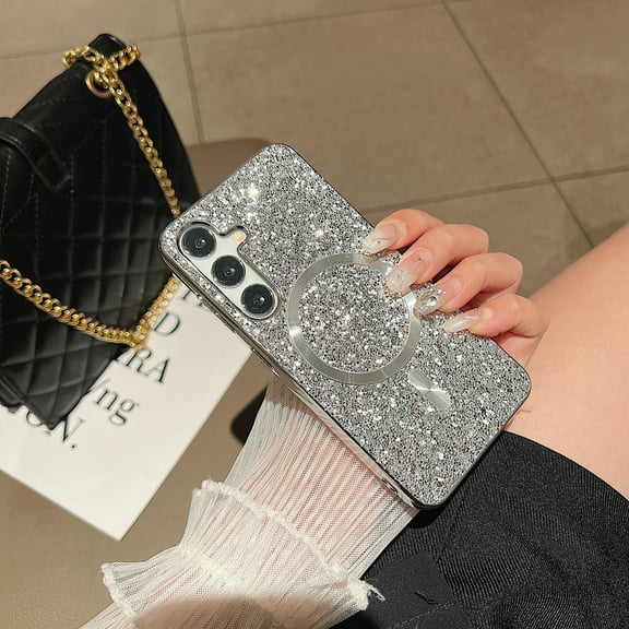 Stylish Phone Case for Samsung Galaxy S24 Ultra, Glitter Bling Shiny Magnetic Back Cover Slim Fit Bumper Rugged Shockproof Case Cover for Girls Women, Silver