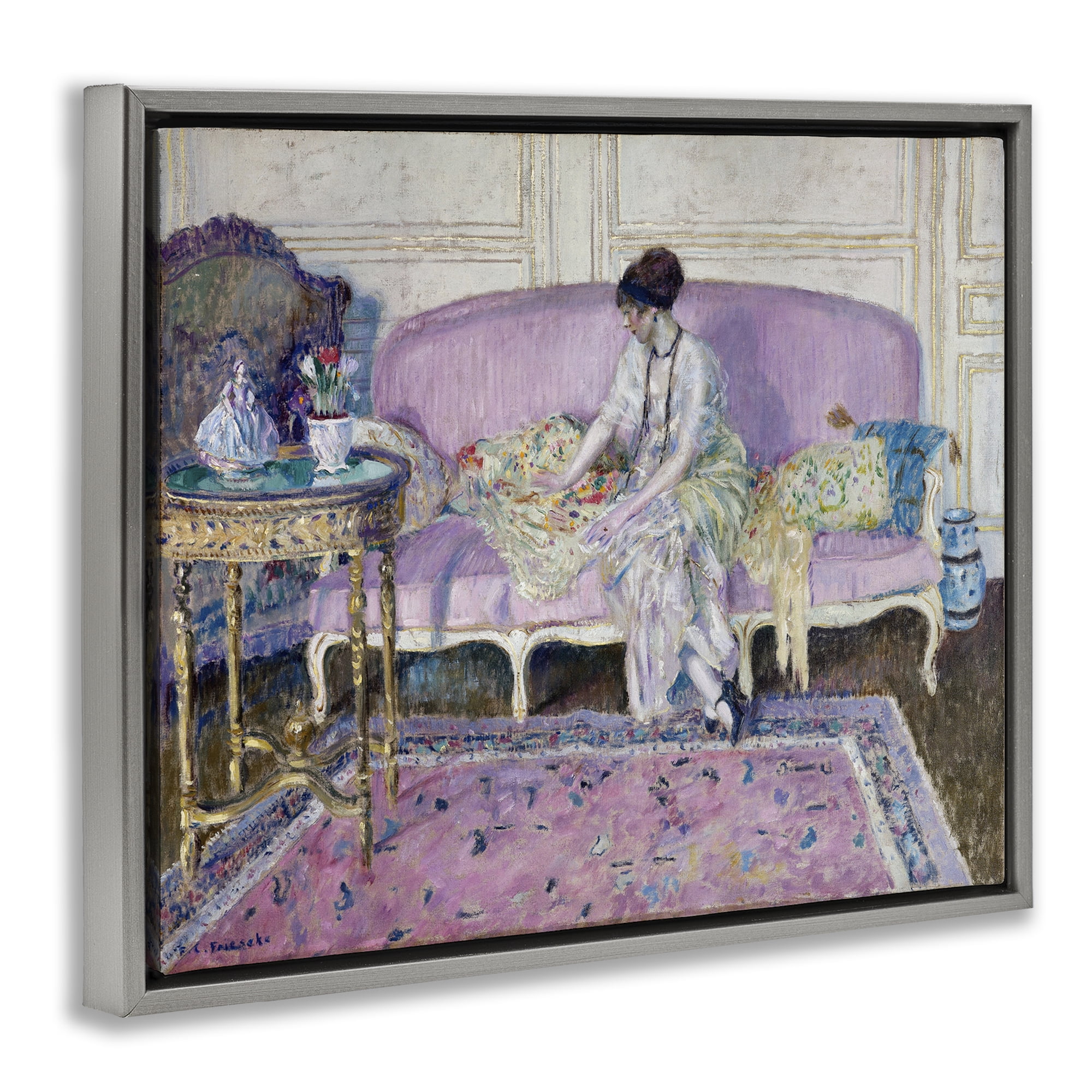 Stupell Industries Classical Woman on Sofa People Painting Gray Floater Framed Canvas Art Print Wall Art, 21 x 17
