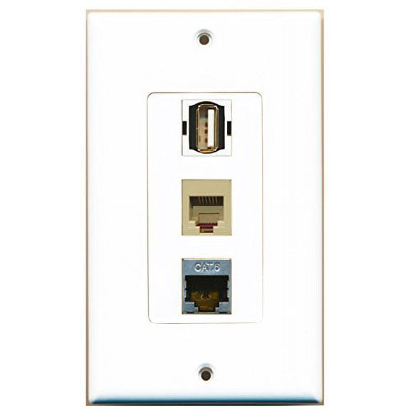 RiteAV - 1 Port USB A-A and 1 Port Phone RJ11 RJ12 Beige and 1 Port Shielded Cat6 Ethernet Decorative Wall Plate Decorative