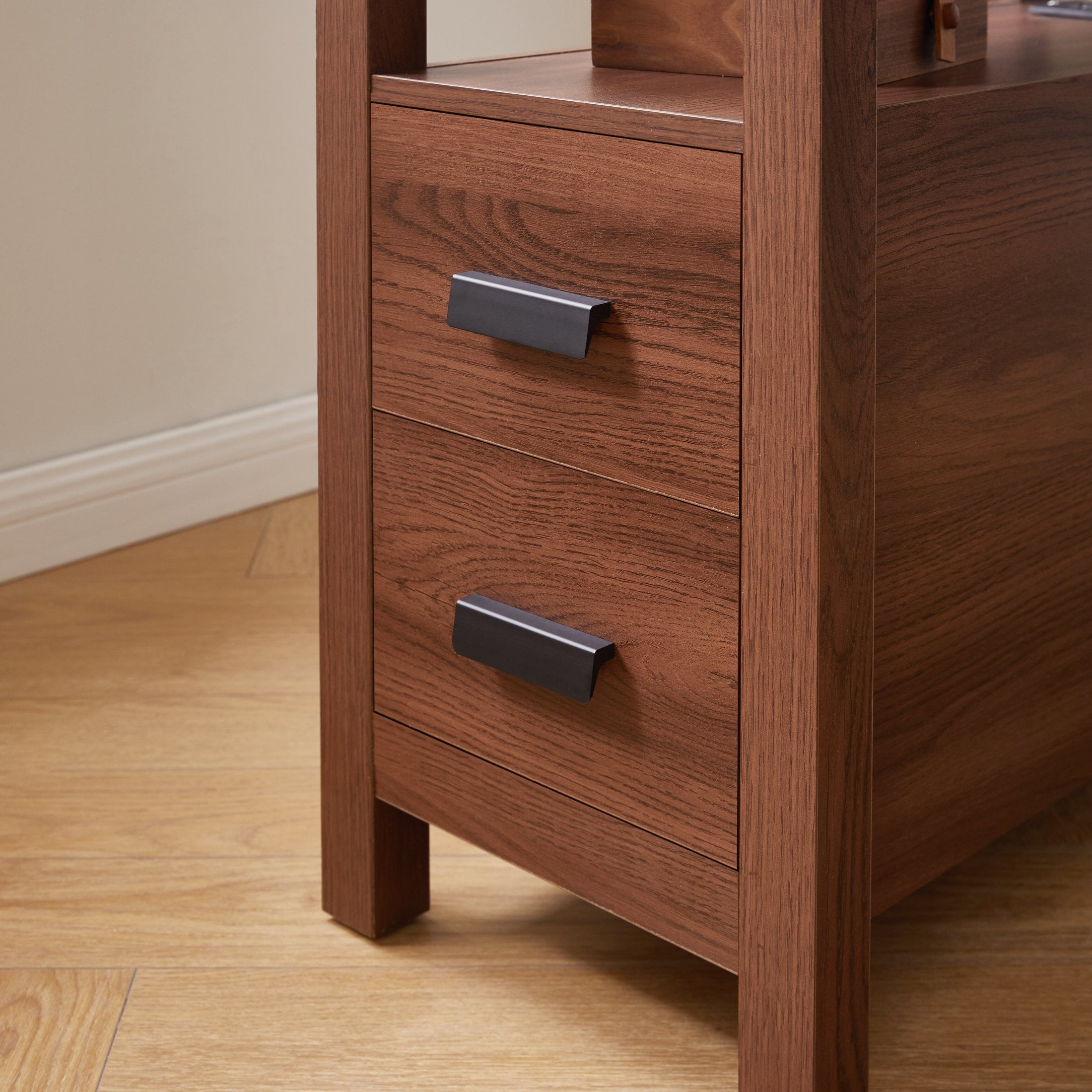 Noble House End Table with Charging Station, 2-Drawer Nightstand with AC Outlets, Walnut