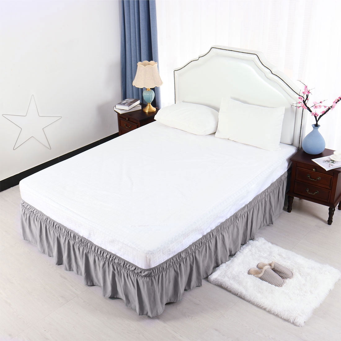 Unique Bargains Elastic Dust Ruffled Bed Skirt with 15" Drop Queen Gray