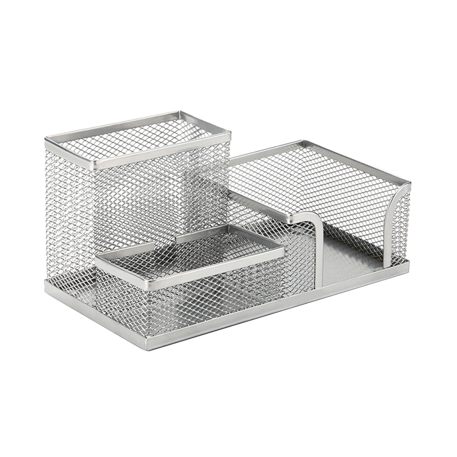 Blasgw Mesh Pencil Holder for Desk - Black Metal Pen Organizer with 3 Compartments for Office Supplies, Cell Phone, Sticky Notes - Desktop Stationary Caddy with Non-Slip Base Silver