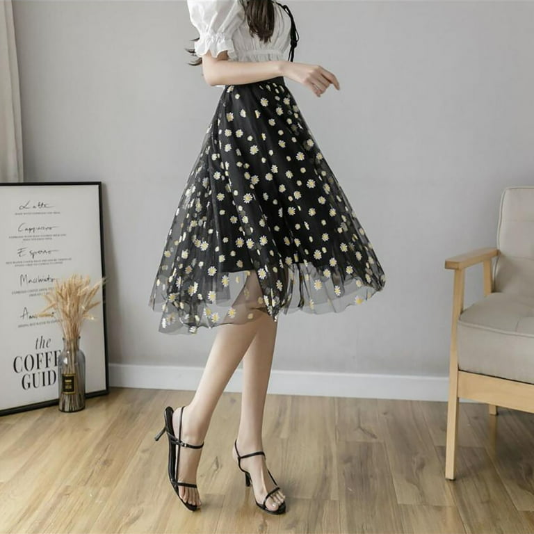 BLVB Tulle Skirts for Women Elastic Waist Floral Print Overlay Layered Mesh Formal Prom Party A Line Pleated Midi Skirt