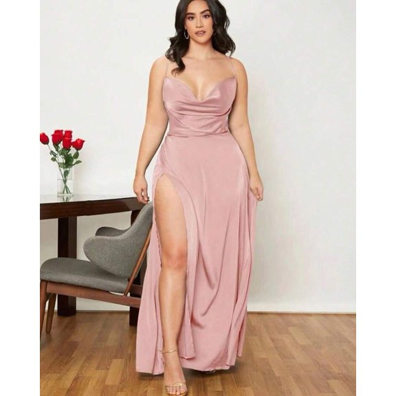 Light Pink Satin Cowl Neck Spaghetti Strap Maxi Dress With High Slit