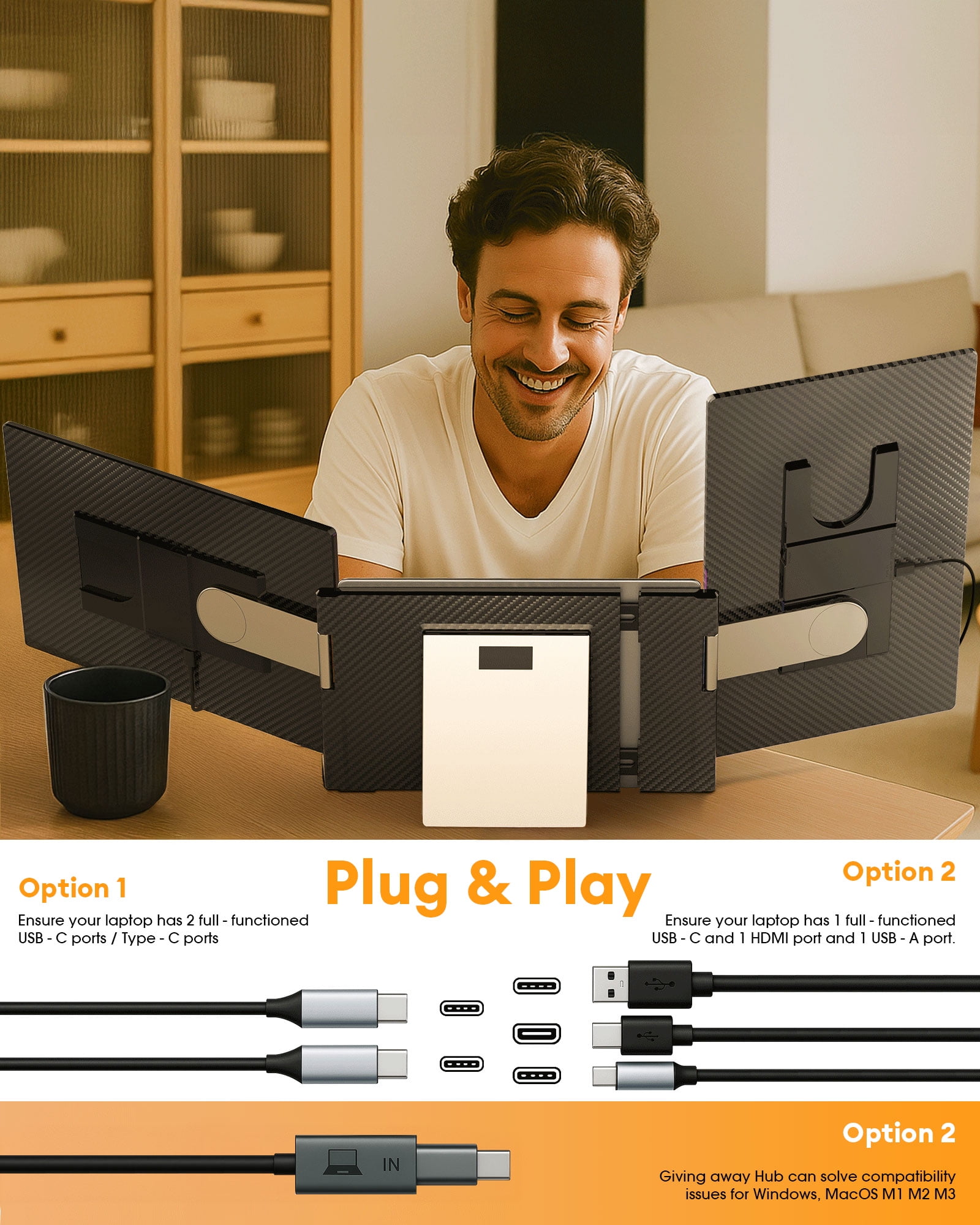 NGTeco 16" Laptop Triple Screen Extender, 1200P IPS Portable Monitor for Laptops 13-17", with Type-C/HDMI/USB-A, Plug & Play, Compatible with Windows/Mac/Chrome OS