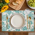 thumbnail image 4 of Teal Flowers Placemats Set of 12, Vintage Ethnic Tribe Country Farmhouse Placemats for Dining Table, Place Mats for Kitchen Tabletop, Waterproof Wipeable Dining Table Mats Set, 4 of 9