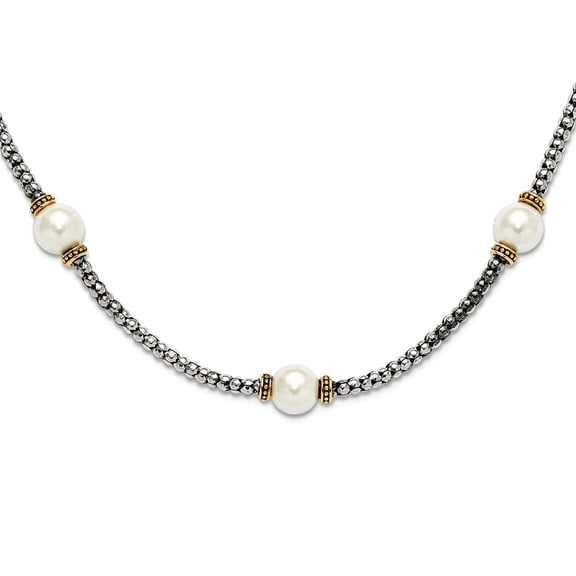 925 Sterling Silver and Gold-tone Simulated Pearl Necklace 18 Inch 14mm Wide Pendant Necklace for Women