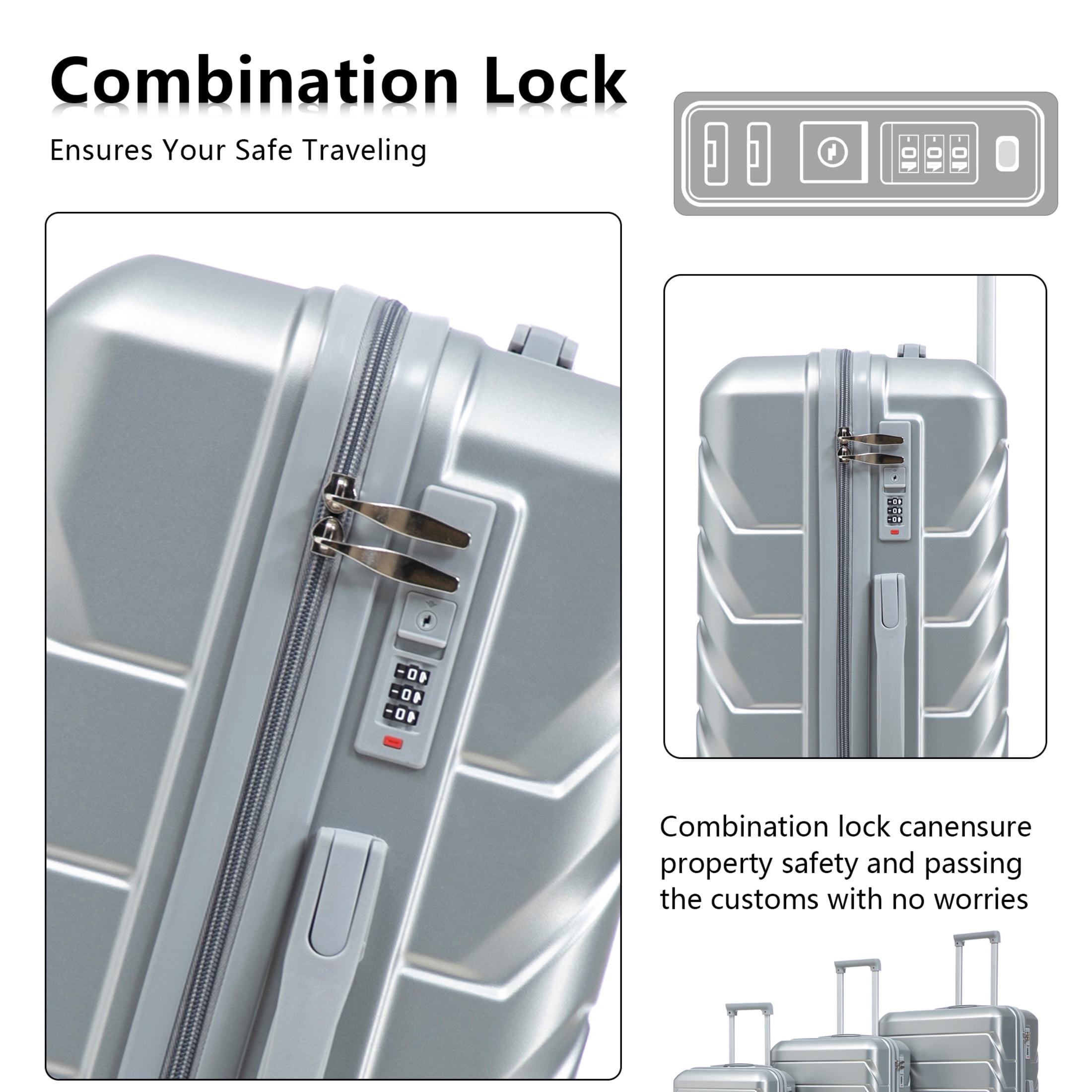 Noble House Lorven 3-Piece 20"/24"/28" ABS Hardshell Luggage Set with Combination Lock and Spinner Wheels, Silver
