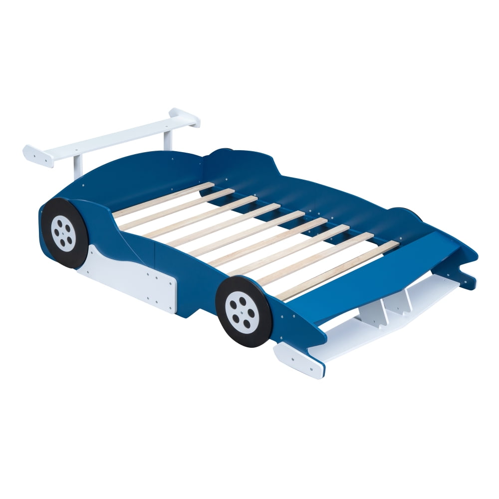 AUU Full Size Platform Bed with Race Car Shape and Decorative Wheels, No Box Spring Needed