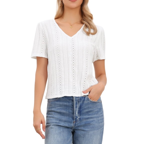 DARING DIVA Women's Cute V Neck Tops Eyelet Texture Short Sleeve Button Blouse XS White