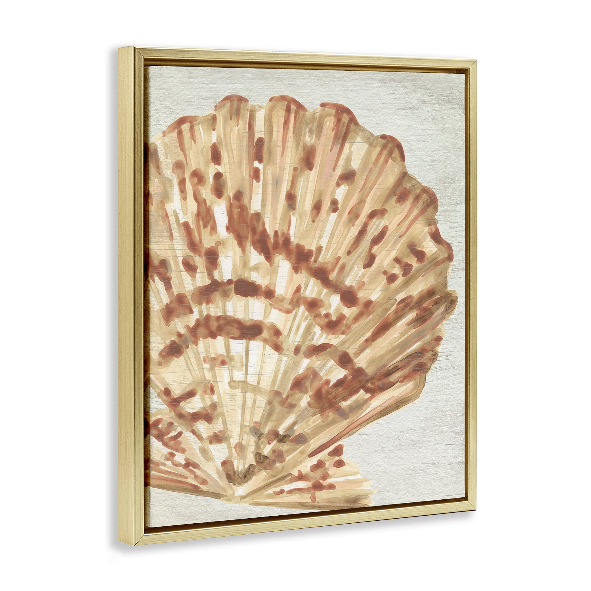 Stupell Industries Tan & Beige Clam Nautical & Beach Painting Gold Floater Framed Canvas Art Print Wall Art, 17 x 21
