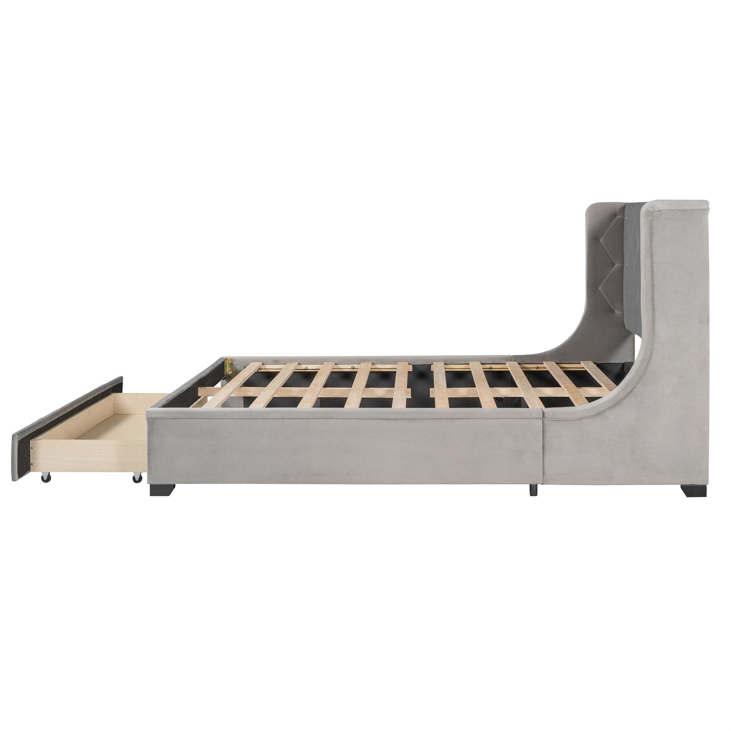Kadyn Queen Size Storage Bed with Wingback Headboard, Velvet Upholstered Platform Bed with Big Drawer, Mattress Foundation, Wood Slat Support, Quiet, no Box Spring Needed, Gray Kadyn Queen Size Storage Bed with Wingback Headboard, Velvet Upholstered Platform Bed with Big Drawer, Mattress Foundation, Wood Slat Support, Quiet, no Box Spring Needed, Gray