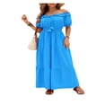 thumbnail image 2 of LYMAYTER Off-Shoulder Short Sleeve Dress for Women's Casual Solid Color Ruffle Beach Maxi Dresses S-XL, 2 of 10