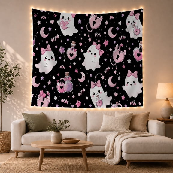 Spooky Mug and Ghost Pattern Tapestry Wall Hanging