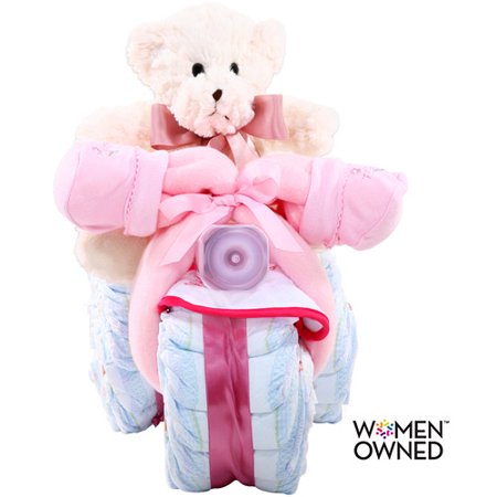 Alder Creek Gift Baskets Tricycle Diaper Cake Girl Gift Basket, 48 pc