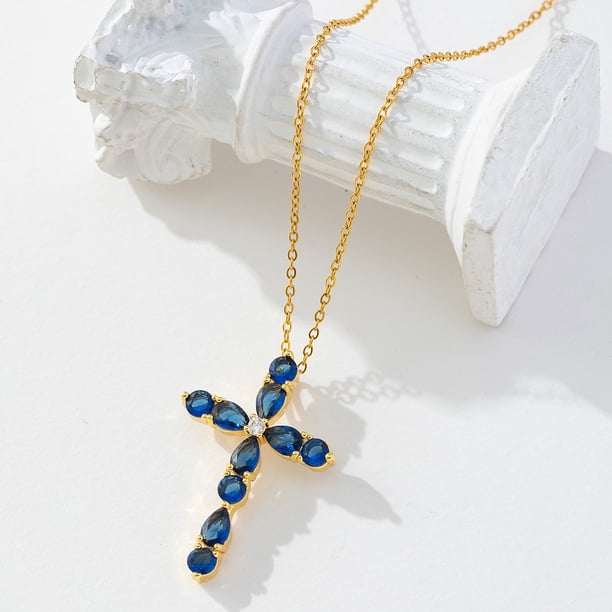 Zhuge Colgante de collar hecho a mano, colgante de cruz de circonita de colores en forma de gota (azul)