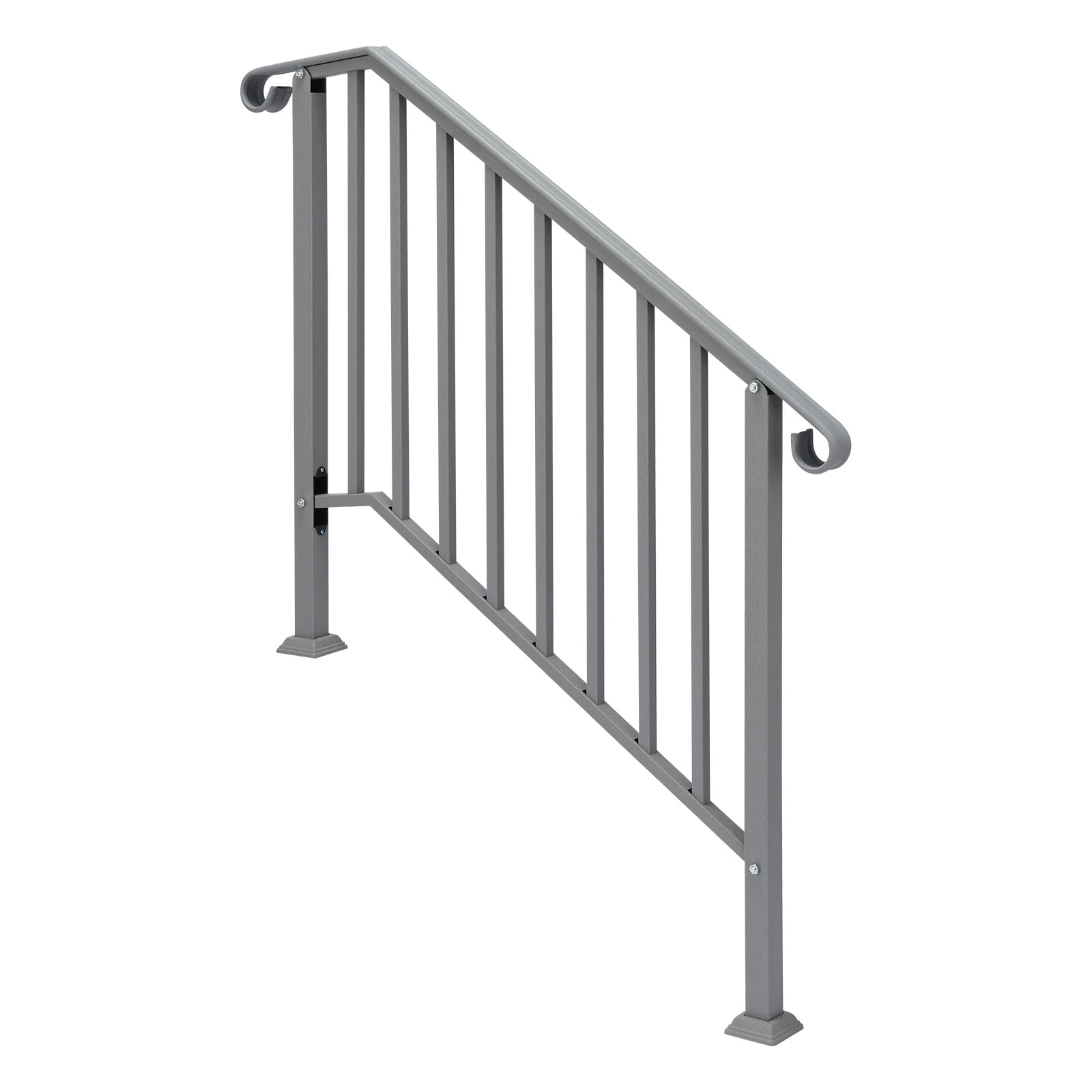 Silver Powder Coated Galvanized Iron Stair Handrail Curved Picket Step Railing Fit 3 Steps Outdoor Garden Anti-Rust Safety Rail With Installation Hardware