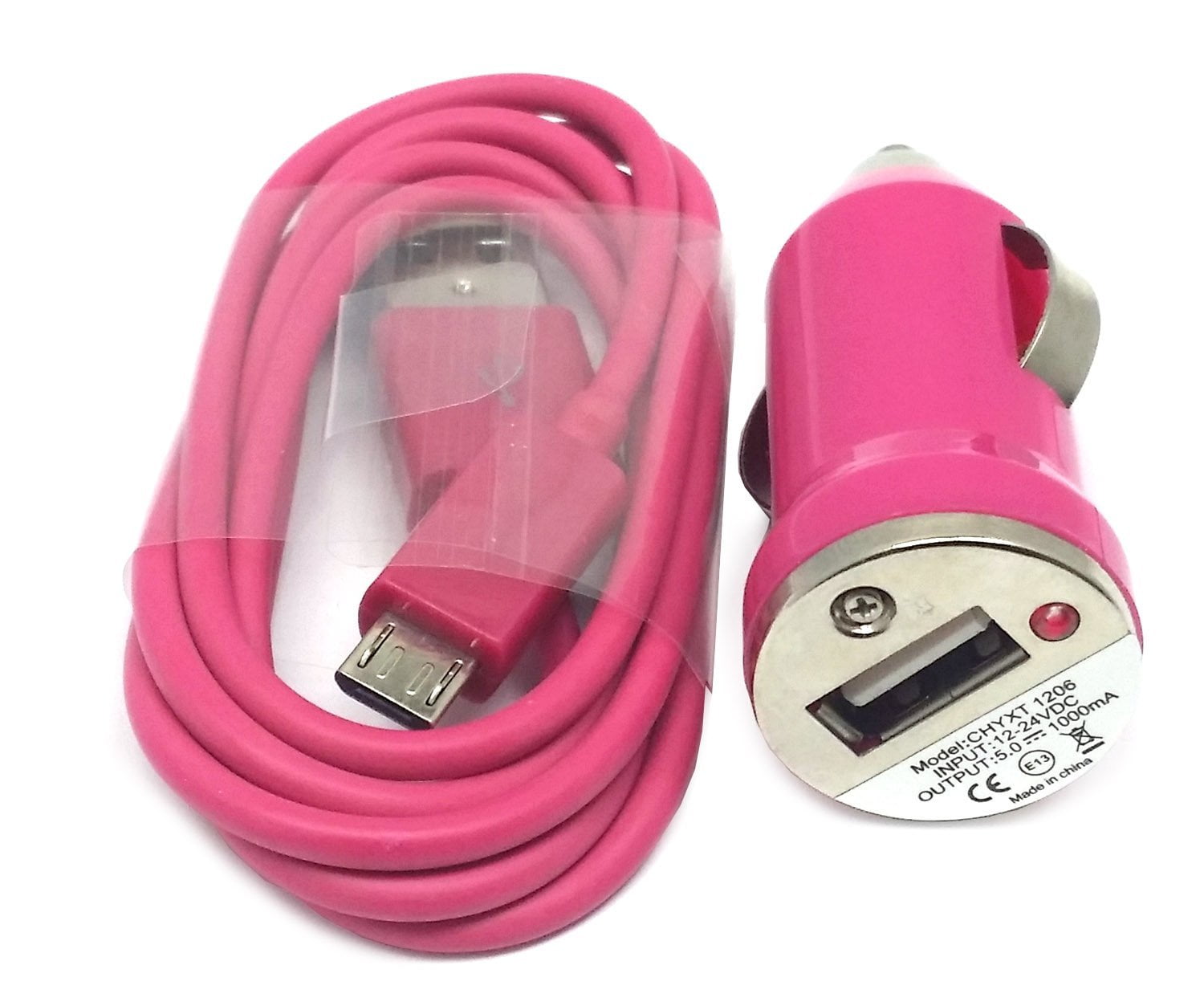 Mini USB Car Charger Adapter + Micro USB Cable (3ft) Pink