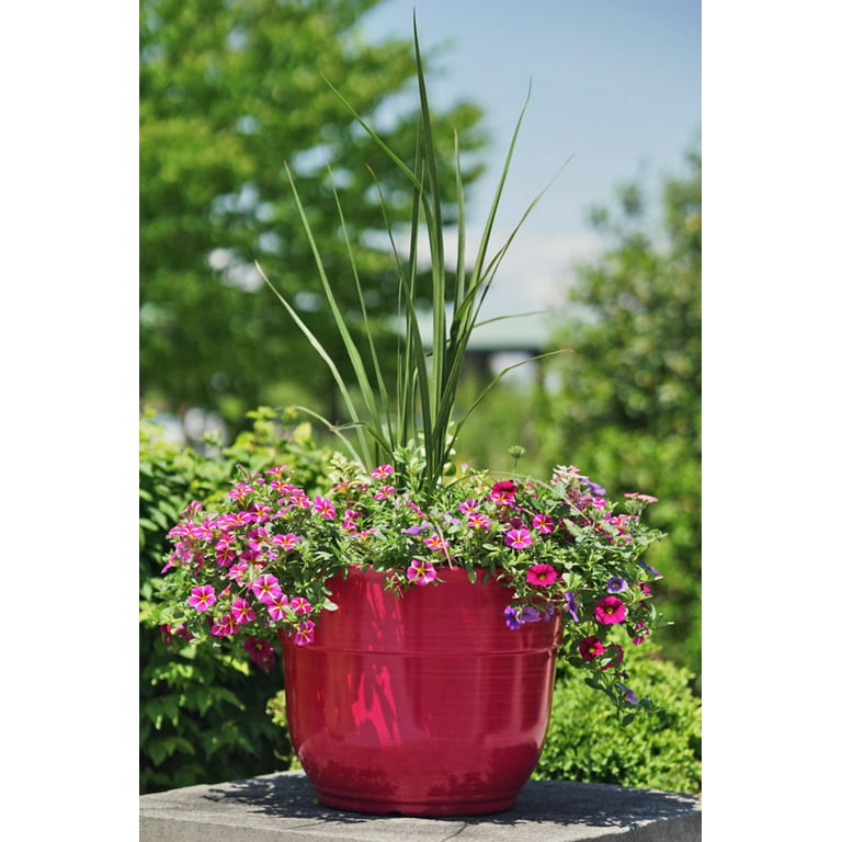 Garden Elements Indoor/Outdoor Glazed Brushed Happy Large Plastic Planter,  Bright Pink, 15
