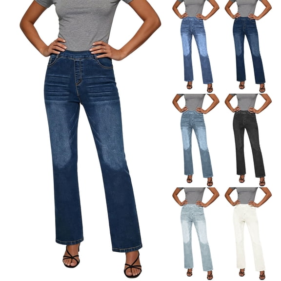 Inverlee Women's Straight Leg Jeans High Waisted Slim Fit Denim Pants Daily Classic Multi Color Bottoms with Pockets Blue XXL
