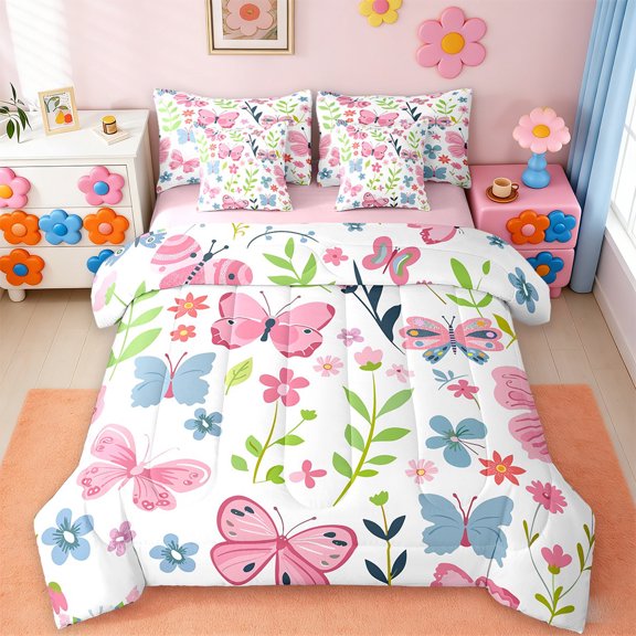 jejeloiu Colorful Cute Flower Twin Bedding Sets 7-Piece,Chic Kawaii Butterfly Bedding Comforter Set,Plant Floral Leaves Sheet Sets For Girls Kids,Microfiber Room Decoration Reversible