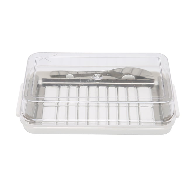 Caja de acero inoxidable para cortar mantequilla y guardar queso con tapa transparente para cocina, color blanco