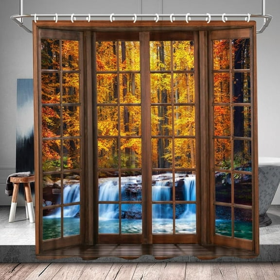 Forest Waterfall Shower Curtain Fall Autumn Scenic Jungle Natural Scenery Seasonal Landscape Tree River Stone Fabric Bathroom Decor Set with Hooks