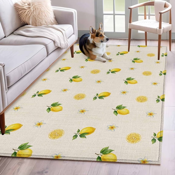 Cute Lemon Floral Area Rugs 4'x6', Washable Small Throw Rugs for Office Bathroom, Farmhouse Vintage Linen Texture Indoor Outdoor Rug Non-Slip Low Pile Carpet Runner Reversible Floor Mats