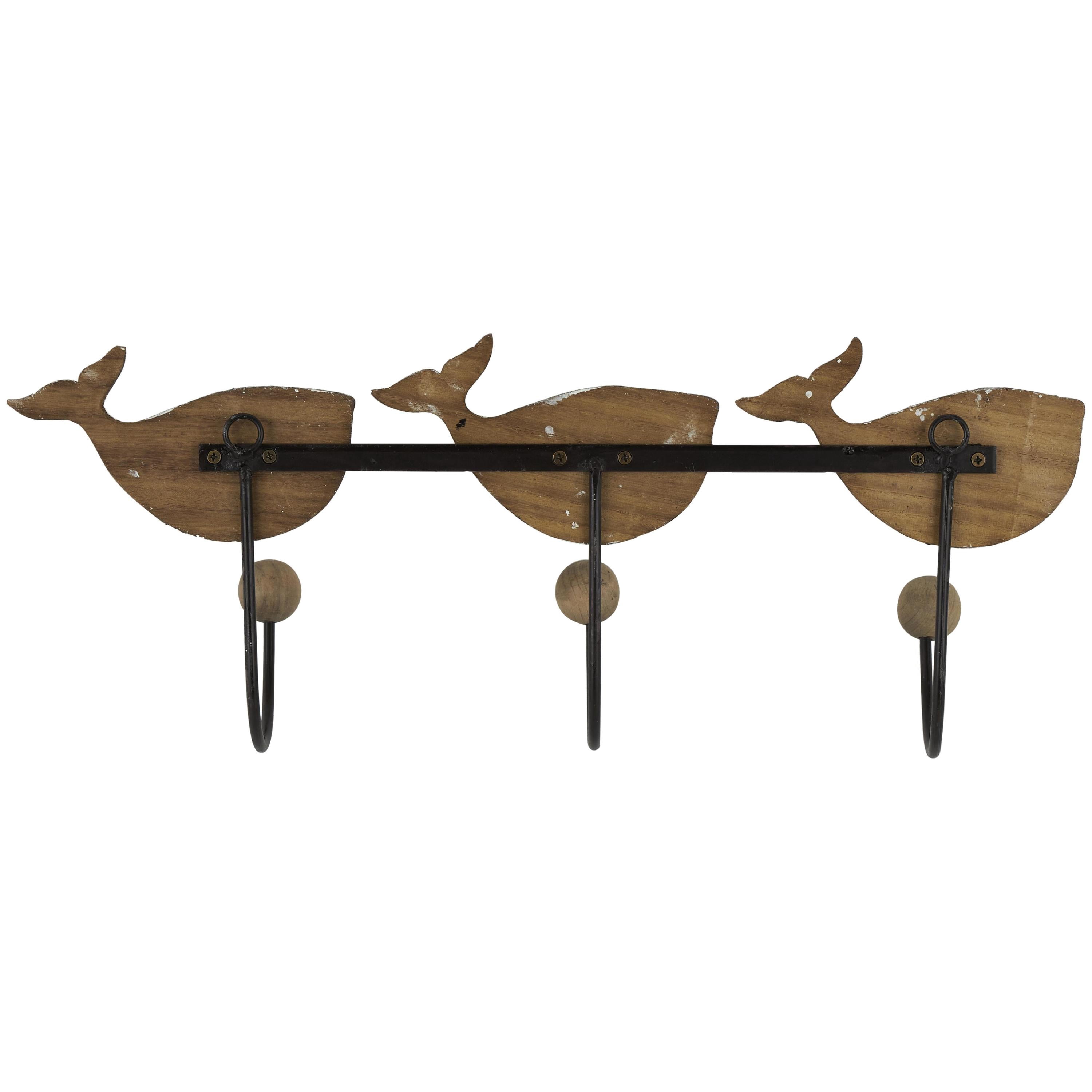 DecMode 18" x 8" Beige Wood Handmade Distressed 3 Hanger Whale Wall Hook with Black Metal Accents and Wood Ball Details, 1-Piece