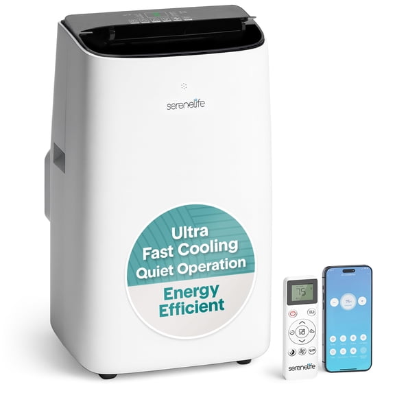 SereneLife 10300 BTU Portable Inverter Air Conditioner with Cooling, Heating, Wi-Fi Connectivity, and Quiet Operation (White)