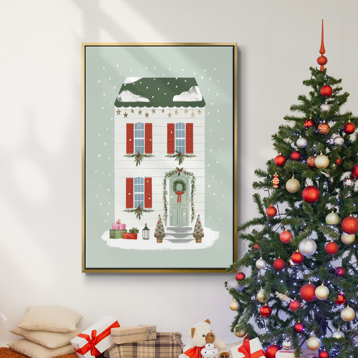 Festive Front Door IV - Framed Gallery Wrapped Holiday Canvas - 17 x 25 - Gold Frame