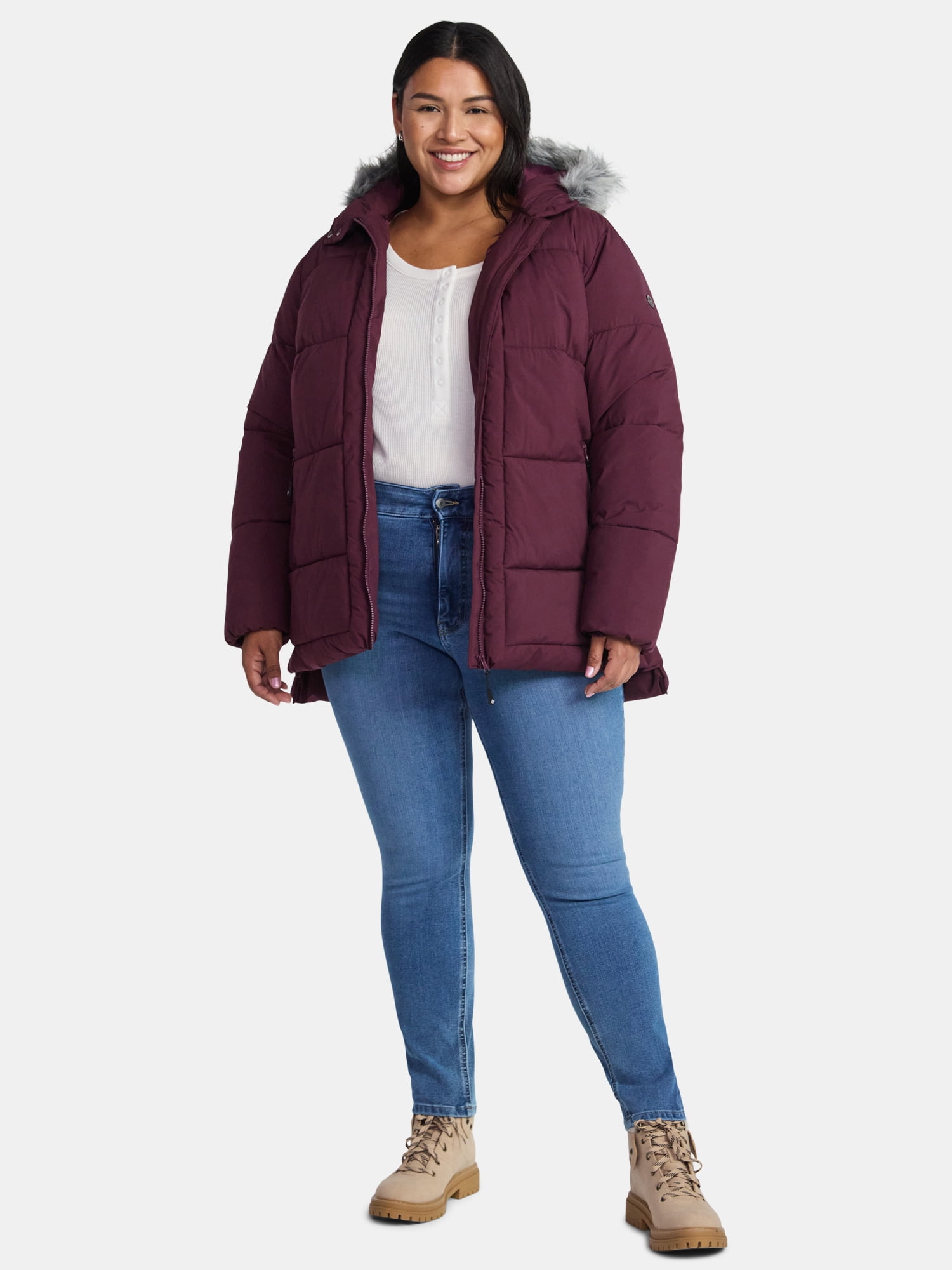 Big Chill Women's Wide Quilted Puffer with Faux Fur Trim Hood, Sizes S-3X