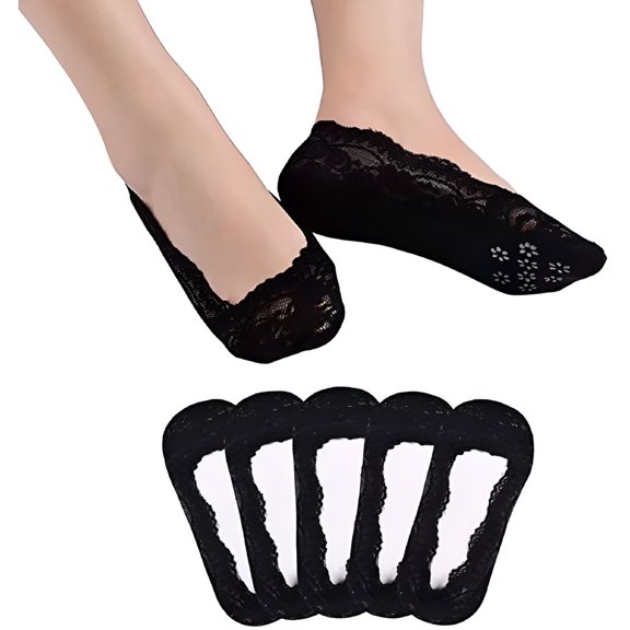 TELOLY 5 Pairs Black Lace No Show Socks Women No Show Liner Socks Low Cut Casual Socks Non Slip