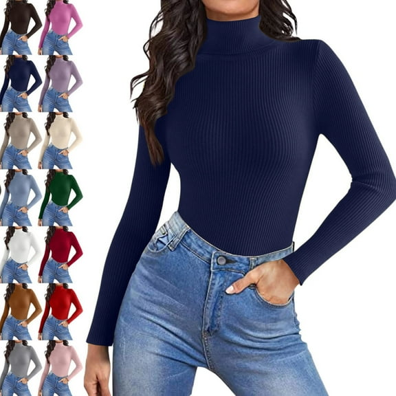 Women Turtleneck Shirt Long Sleeve Layer Tops Basic Ribbed Tees Soft Stretch Thermal Undershirts Lightweight Blouse，Navy M