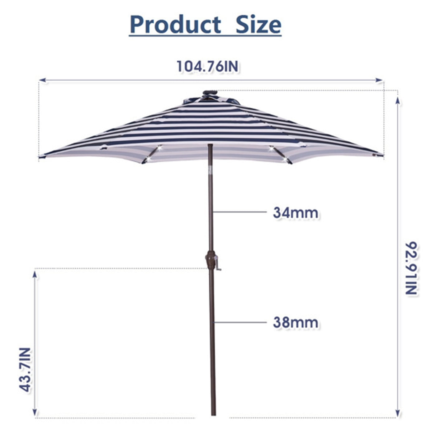 Outdoor Patio 8.7-Feet Market Table Umbrella with Push Button Tilt and Crank, Red Stripes With 24 LED Lights, Outdoor Umbrella for Garden, Deck, Backyard, Pool and Beach, Blue White Stripes